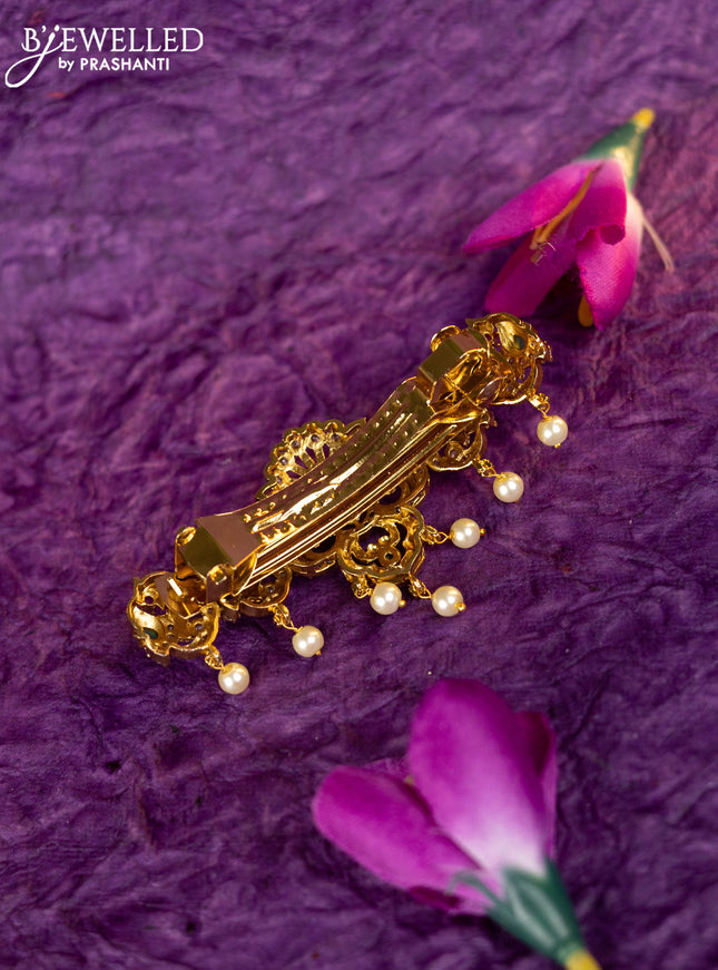 Antique hair clip medium size peacock design with kemp & cz stones and pearl hangings
