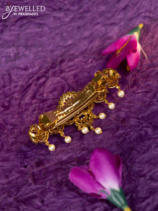 Antique hair clip medium size peacock design with kemp & cz stones and pearl hangings
