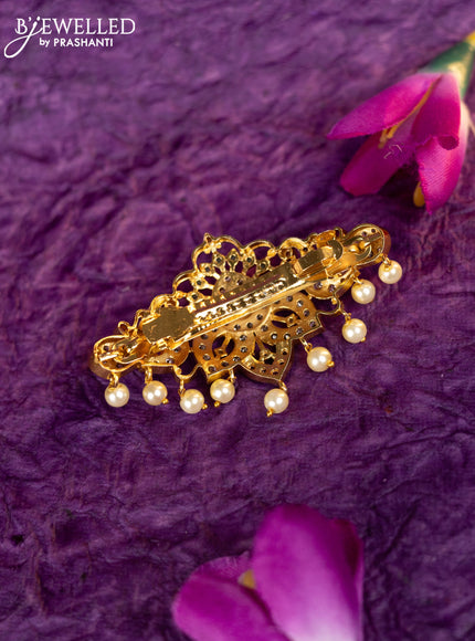 Antique hair clip medium size peacock design with kemp & cz stones and pearl hangings