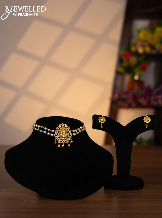 Pearl choker lakshmi pendant with kemp & cz stones and golden beads hangings