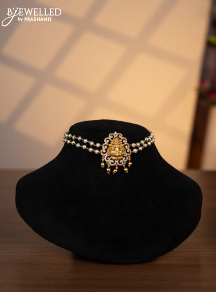 Pearl choker lakshmi pendant with kemp & cz stones and golden beads hangings