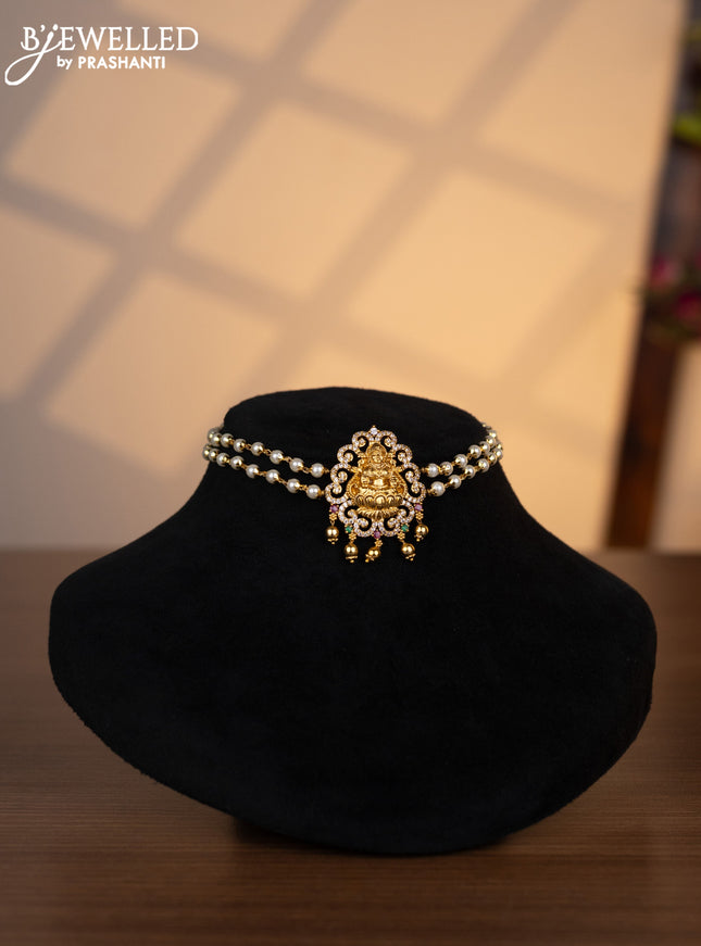 Pearl choker lakshmi pendant with kemp & cz stones and golden beads hangings