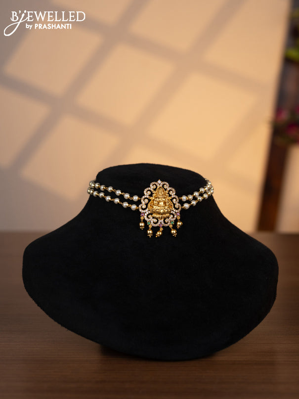 Pearl choker lakshmi pendant with kemp & cz stones and golden beads hangings