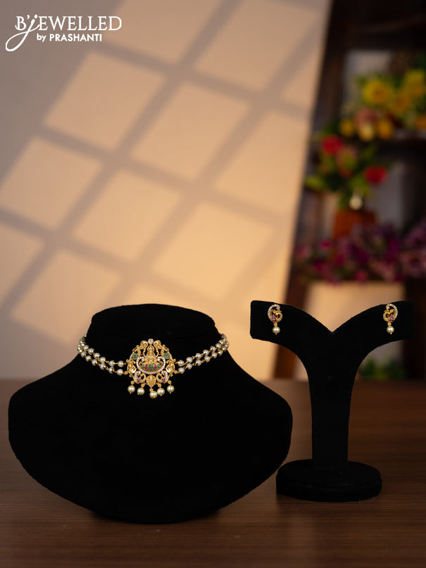 Pearl choker lakshmi pendant with kemp & cz stones and pearl hangings