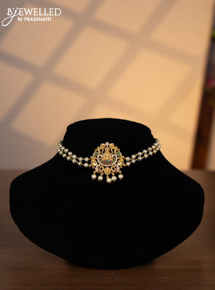 Pearl choker lakshmi pendant with kemp & cz stones and pearl hangings