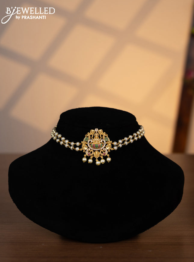 Pearl choker lakshmi pendant with kemp & cz stones and pearl hangings