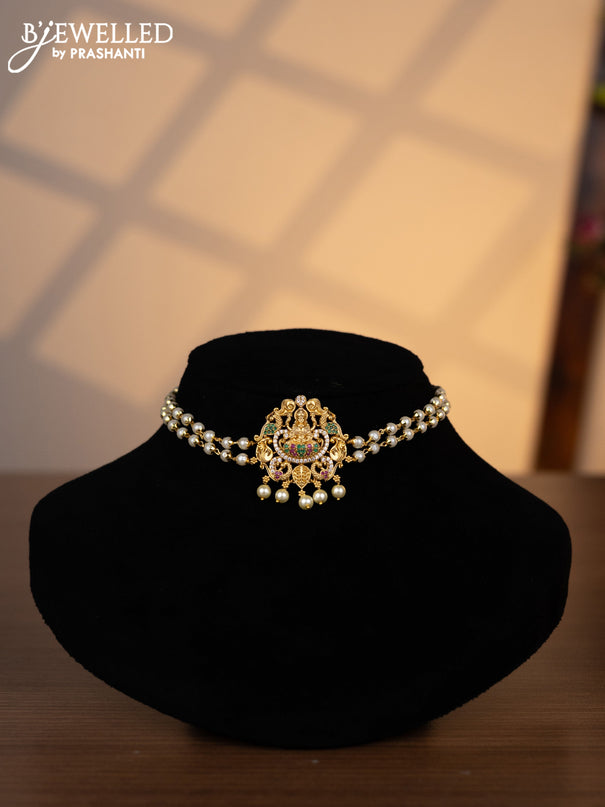 Pearl choker lakshmi pendant with kemp & cz stones and pearl hangings