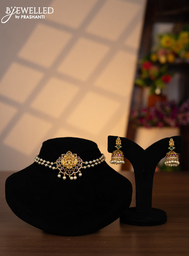 Pearl choker lakshmi pendant with kemp & cz stones and pearl hangings