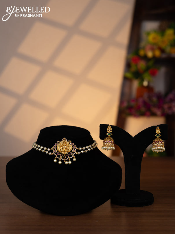 Pearl choker lakshmi pendant with kemp & cz stones and pearl hangings