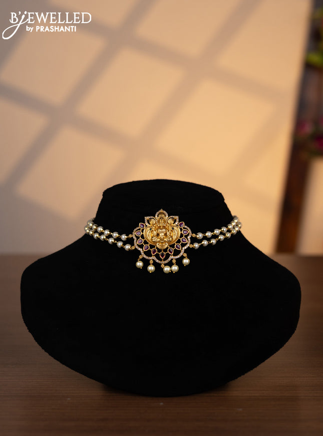 Pearl choker lakshmi pendant with kemp & cz stones and pearl hangings