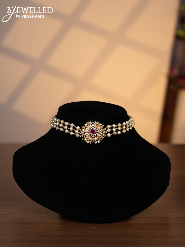 Pearl choker with ruby and cz stones