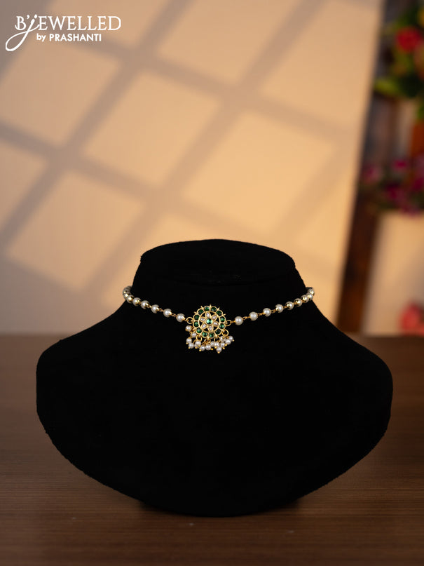 Pearl choker with green jadau kundan stones and pearl hangings without earrings