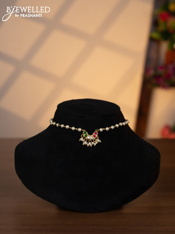 Pearl choker with kemp jadau kundan stones and pearl hangings without earrings