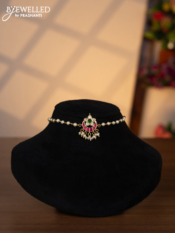 Pearl choker chandbali design with kemp jadau kundan stones and pearl hangings without earrings