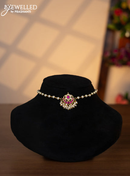 Pearl choker chandbali design with pink jadau kundan stones and pearl hangings without earrings
