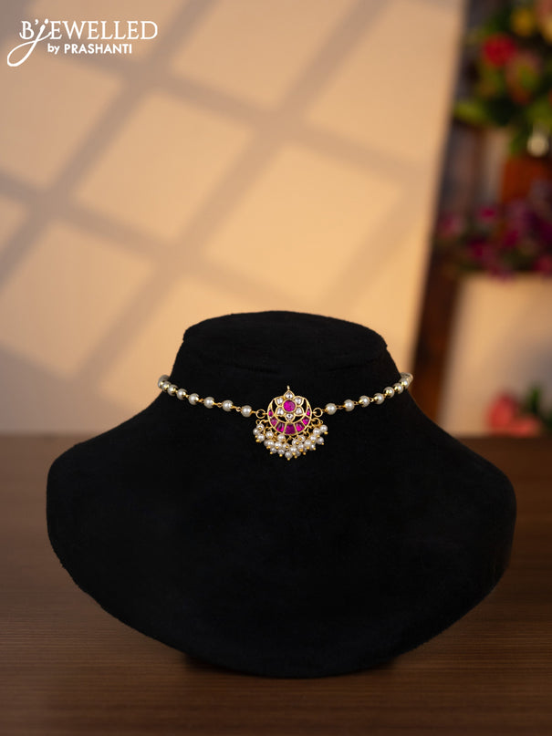Pearl choker chandbali design with pink jadau kundan stones and pearl hangings without earrings