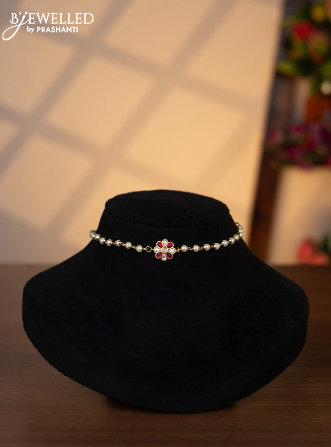 Pearl choker floral design with pink jadau kundan stones without earrings