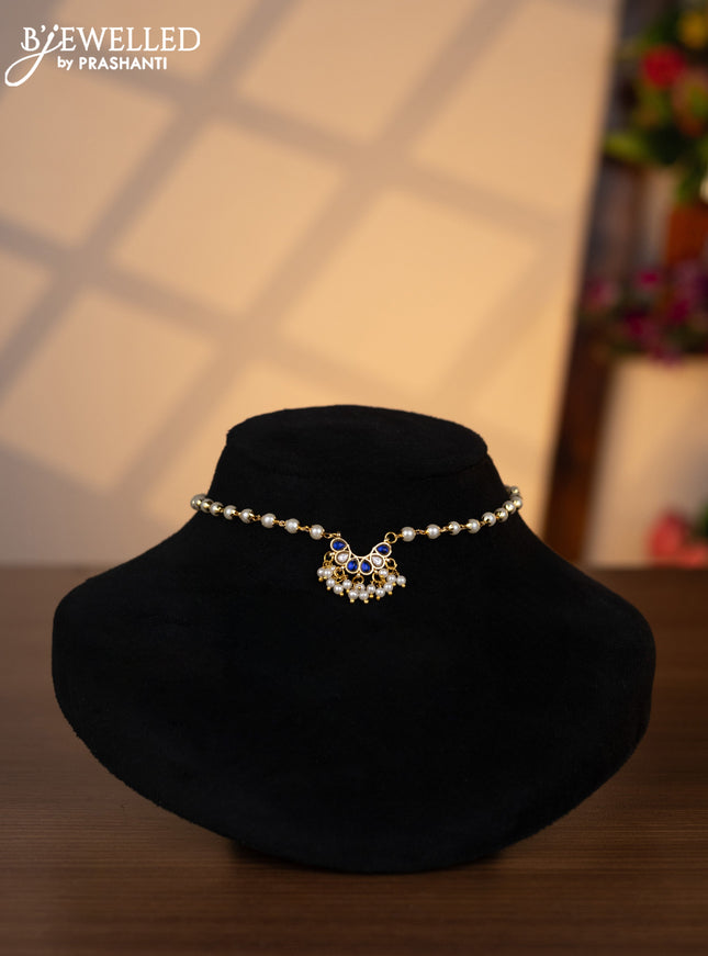Pearl choker lotus design with sapphire kundan stones and pearl hangings without earrings