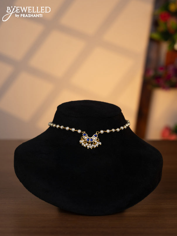 Pearl choker lotus design with sapphire kundan stones and pearl hangings without earrings