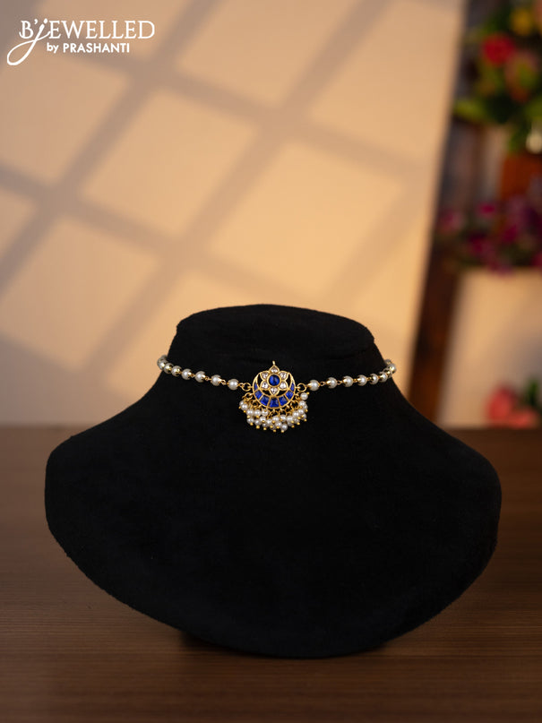 Pearl choker chandbali design with sapphire kundan stones and pearl hangings without earrings