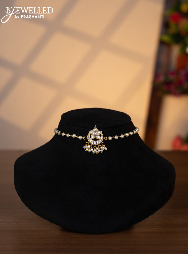 Pearl choker chandbali design with kundan stones and pearl hangings without earrings