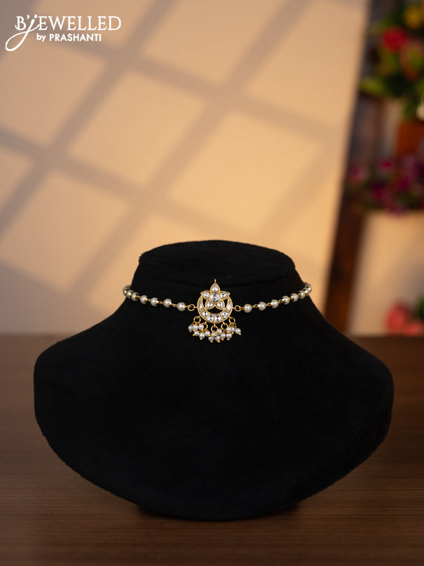Pearl choker chandbali design with kundan stones and pearl hangings without earrings