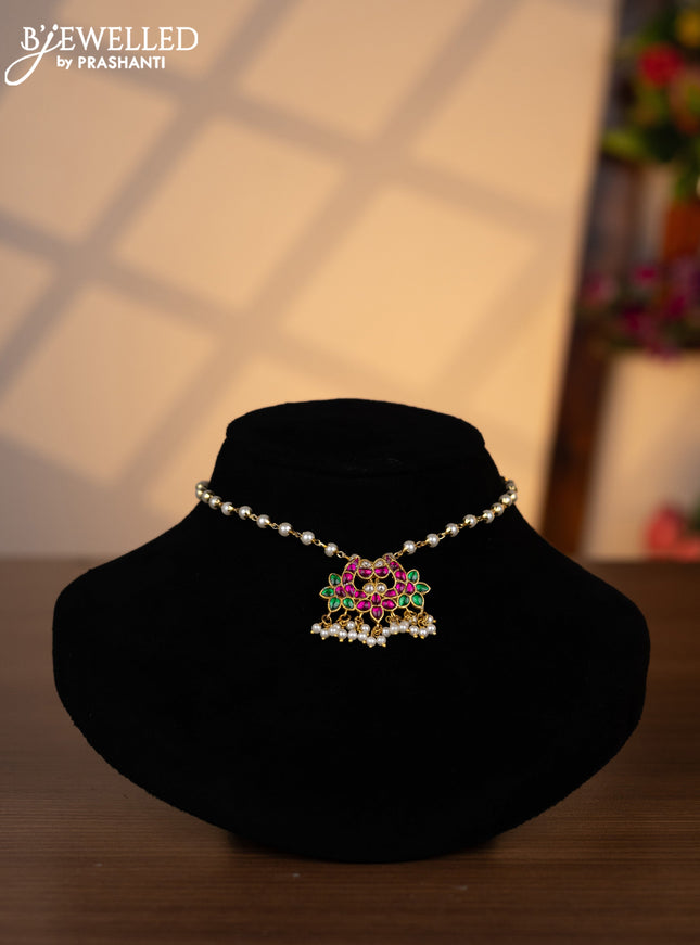 Pearl choker with kemp jadau kundan stones and pearl hangings without earrings