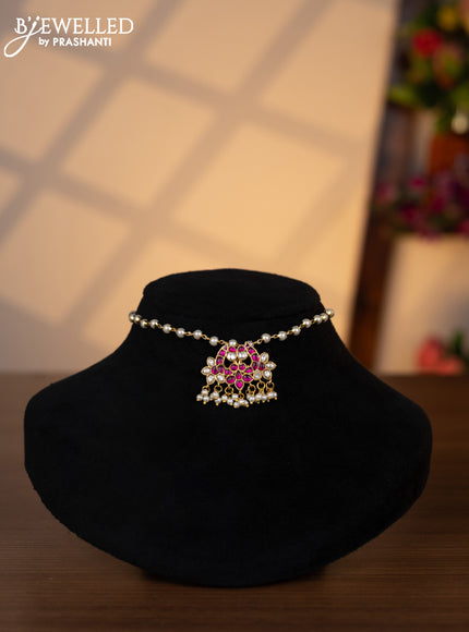 Pearl choker with pink jadau kundan stones and pearl hangings without earrings