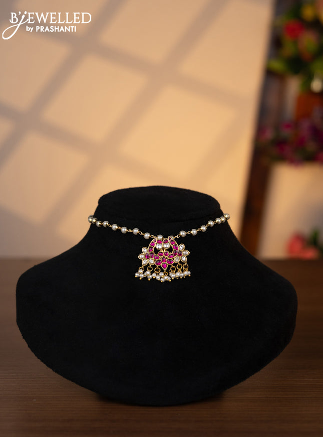 Pearl choker with pink jadau kundan stones and pearl hangings without earrings