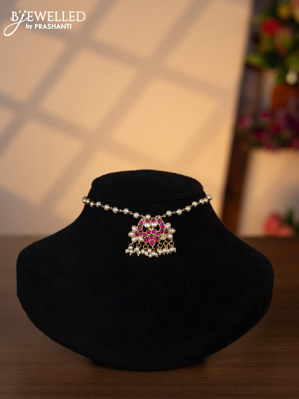 Pearl choker with pink jadau kundan stones and pearl hangings without earrings