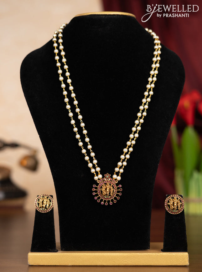 Pearl double layer haaram with ramdarbar design and kemp stones