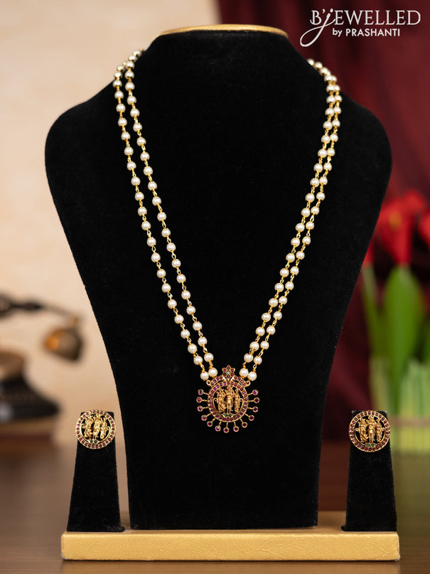 Pearl double layer haaram with ramdarbar design and kemp stones