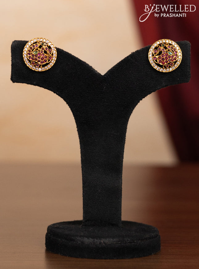 Pearl triple layer haaram peacock design with kemp & cz stones and golden beads hangings