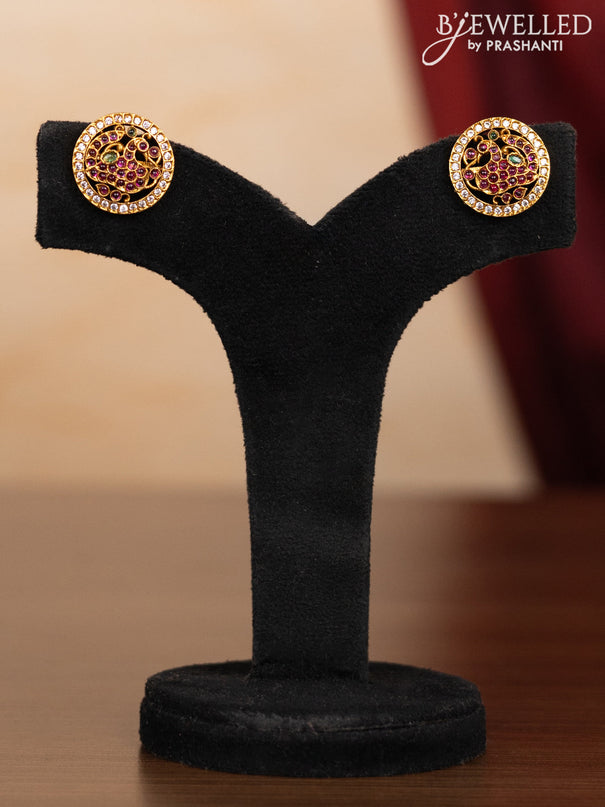 Pearl triple layer haaram peacock design with kemp & cz stones and golden beads hangings