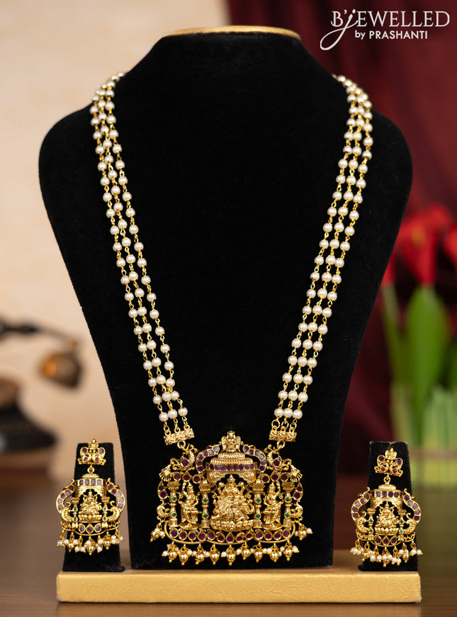 Pearl triple layer haaram lakshmi pendant with kemp & cz stones and pearl & golden beads hangings