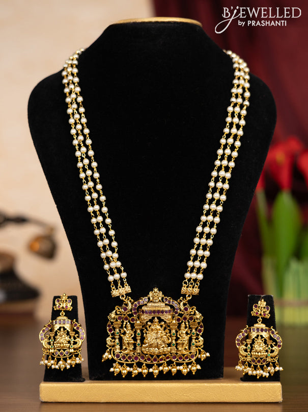 Pearl triple layer haaram lakshmi pendant with kemp & cz stones and pearl & golden beads hangings