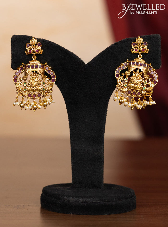 Pearl triple layer haaram lakshmi pendant with kemp & cz stones and pearl & golden beads hangings