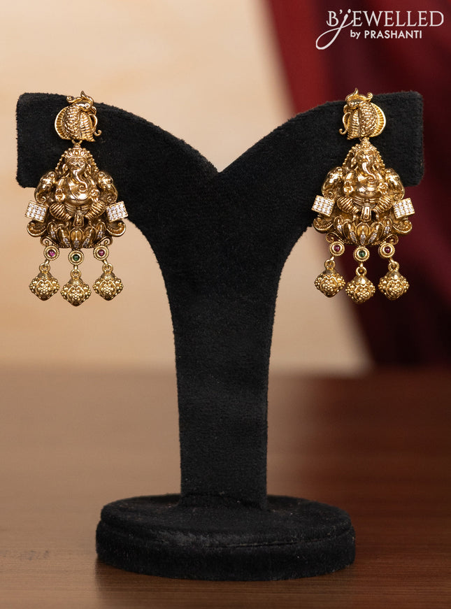 Pearl triple layer haaram ganesha pendant with kemp & cz stones and hangings