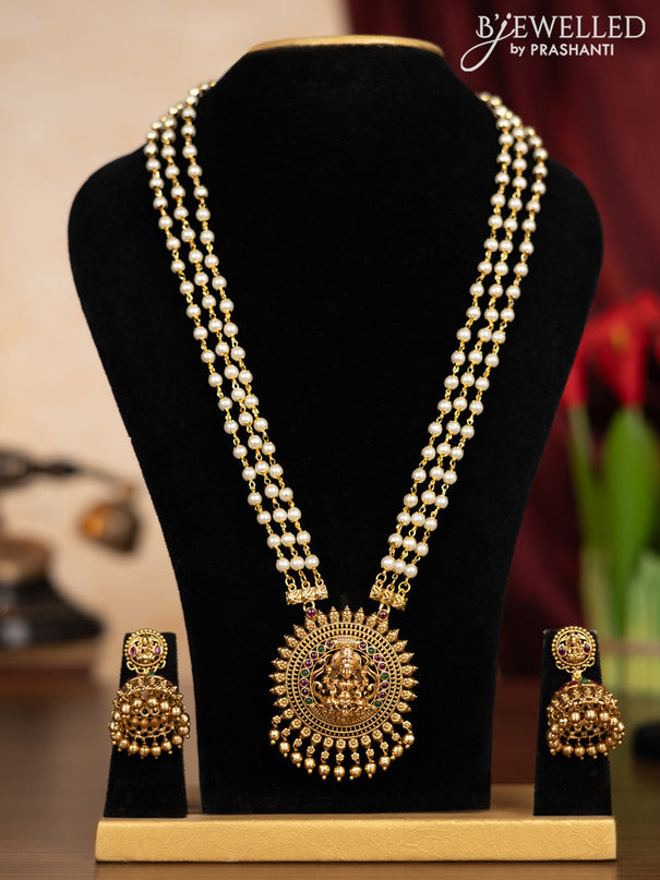 Pearl triple layer haaram lakshmi pendant with kemp stones and golden beads hangings