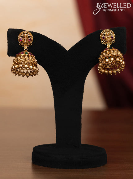Pearl triple layer haaram lakshmi pendant with kemp stones and golden beads hangings