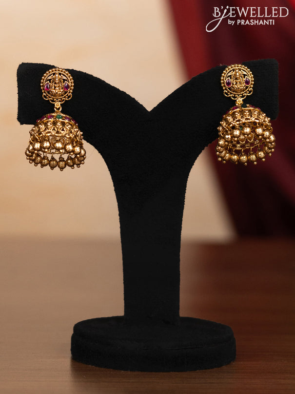 Pearl triple layer haaram lakshmi pendant with kemp stones and golden beads hangings