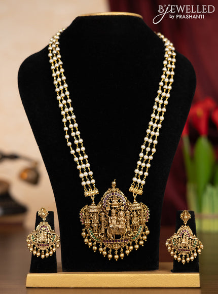 Pearl triple layer haaram shivan parvathi pendant with kemp stones and golden beads hangings