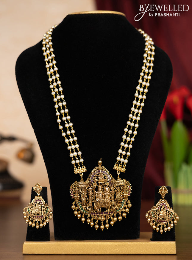 Pearl triple layer haaram shivan parvathi pendant with kemp stones and golden beads hangings