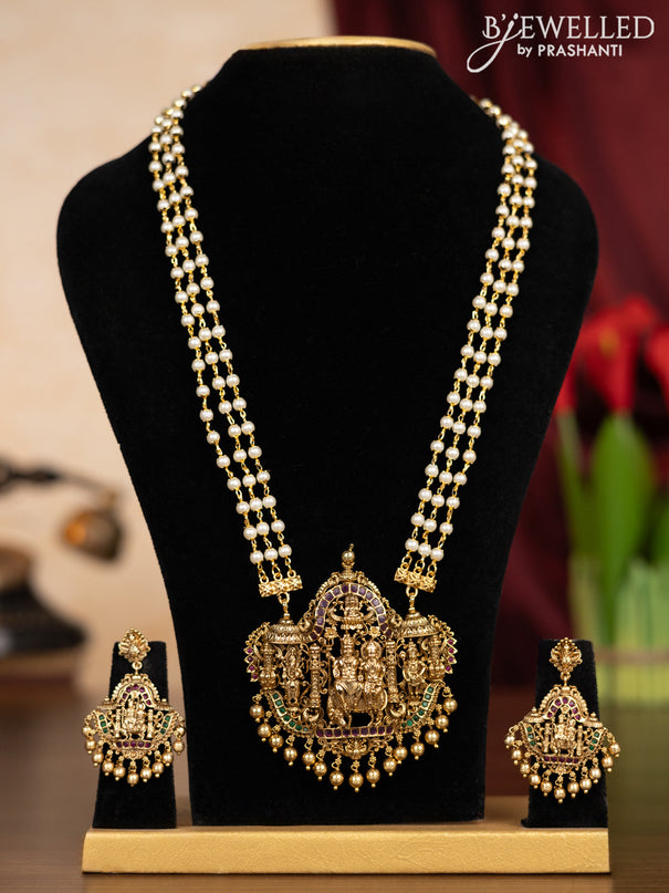 Pearl triple layer haaram shivan parvathi pendant with kemp stones and golden beads hangings