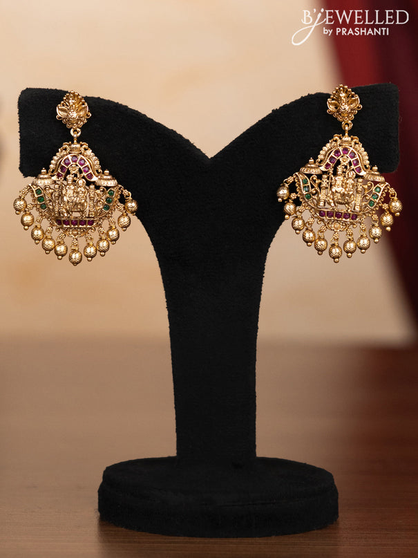 Pearl triple layer haaram shivan parvathi pendant with kemp stones and golden beads hangings