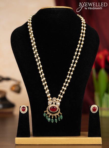 Pearl double layer haaram with ruby & kundan cz stones and mint green beads hangings