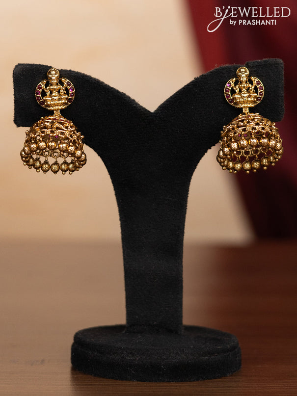 Pearl triple layer haaram lakshmi pendant with pink kemp stones and golden beads hangings