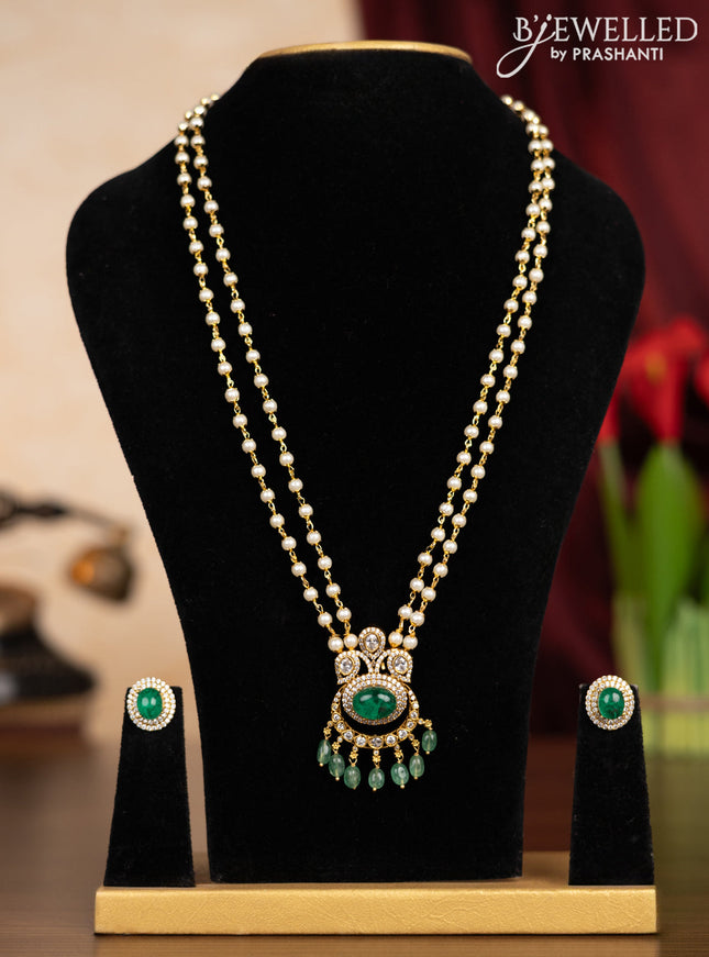 Pearl double layer haaram with emerald & kundan cz stones and mint green beads hangings