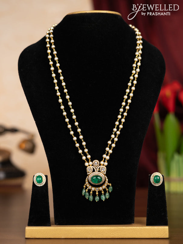 Pearl double layer haaram with emerald & kundan cz stones and mint green beads hangings