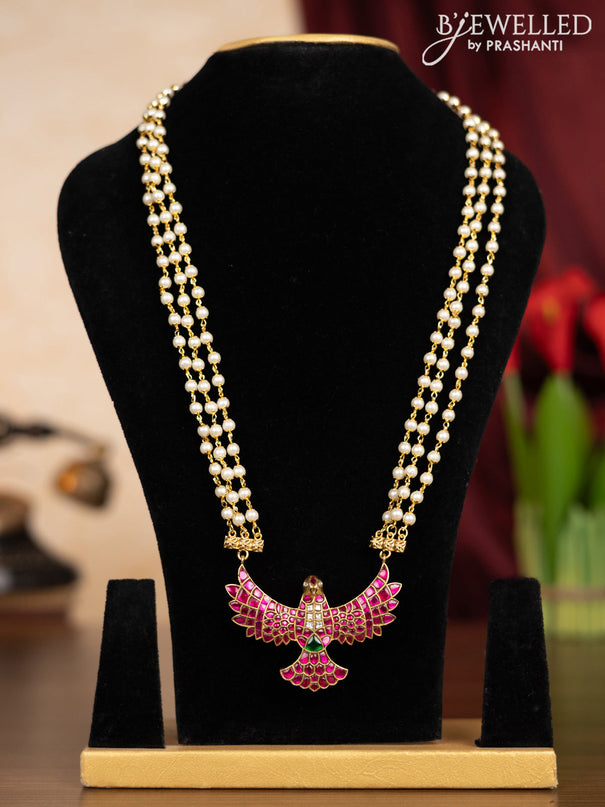 Pearl triple layer haaram garuda pendant with kemp jadau kundan stones without earrings